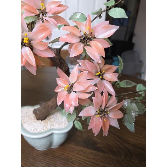 Vintage Chinese Glass Stone Jade Cherry Blossom Bonsai Tree Pink Flowers 14" - Picture 13 of 16